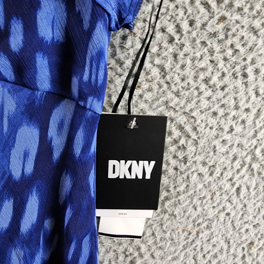 DKNY Printed Sweetheart-Neck Short-Sleeve Midi Dress Women's 10 Blue Zip Closure