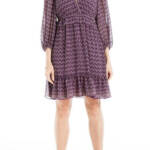Max Studio Floral Balloon Sleeve A-Line Dress Women's L Plum Multi 3/4 Sleeve