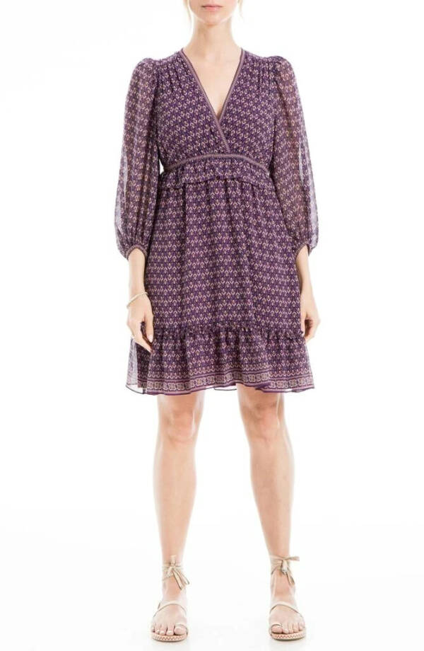Max Studio Floral Balloon Sleeve A-Line Dress Women's L Plum Multi 3/4 Sleeve