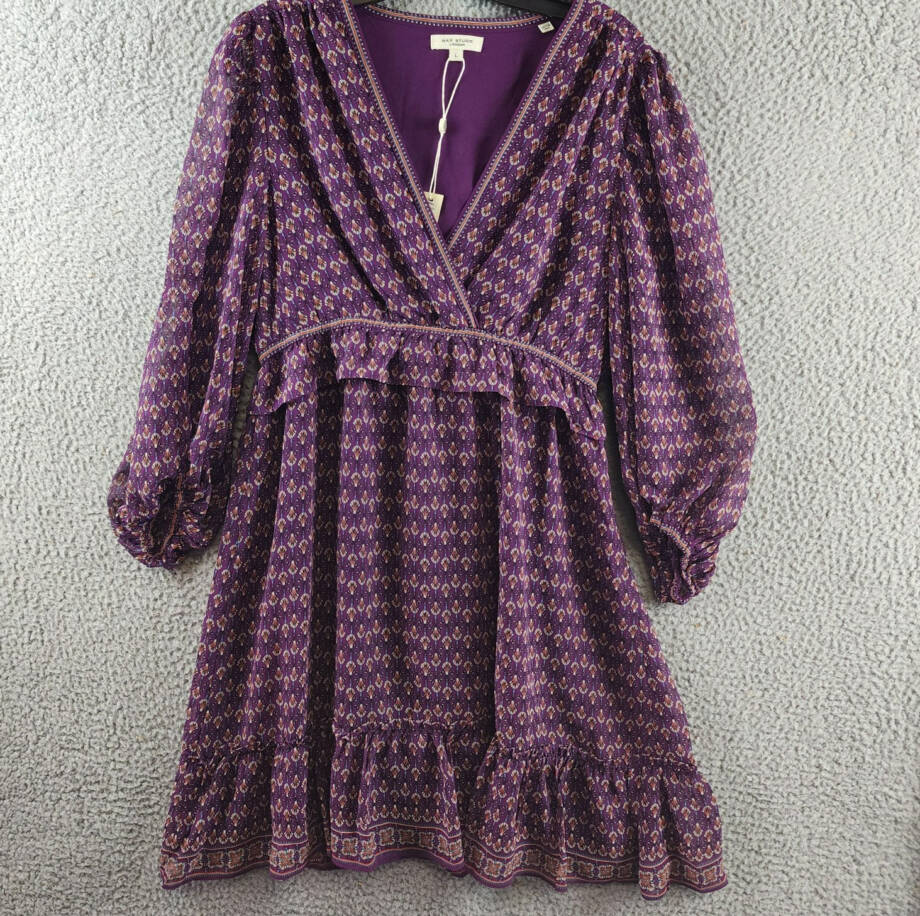 Max Studio Floral Balloon Sleeve A-Line Dress Women's L Plum Multi 3/4 Sleeve