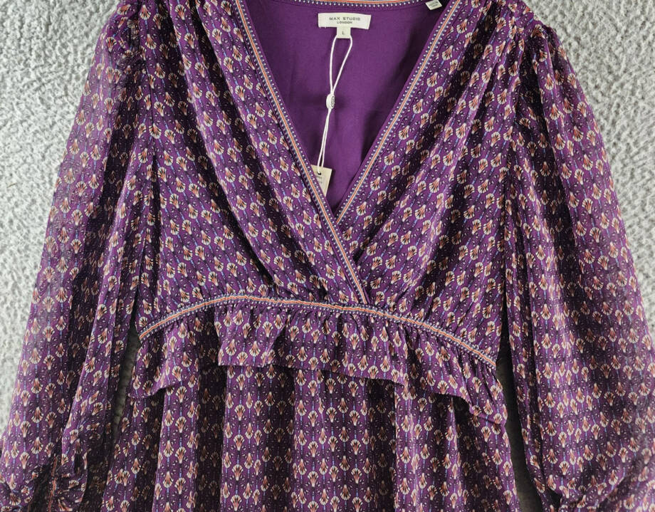 Max Studio Floral Balloon Sleeve A-Line Dress Women's L Plum Multi 3/4 Sleeve