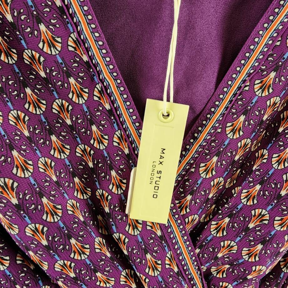 Max Studio Floral Balloon Sleeve A-Line Dress Women's L Plum Multi 3/4 Sleeve