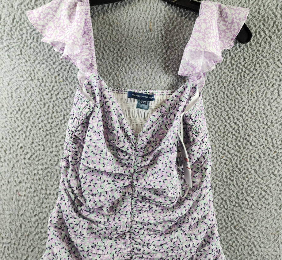French Connection Enora Breya Verona Ruched Dress Women's 6 Sheer Lilac Floral