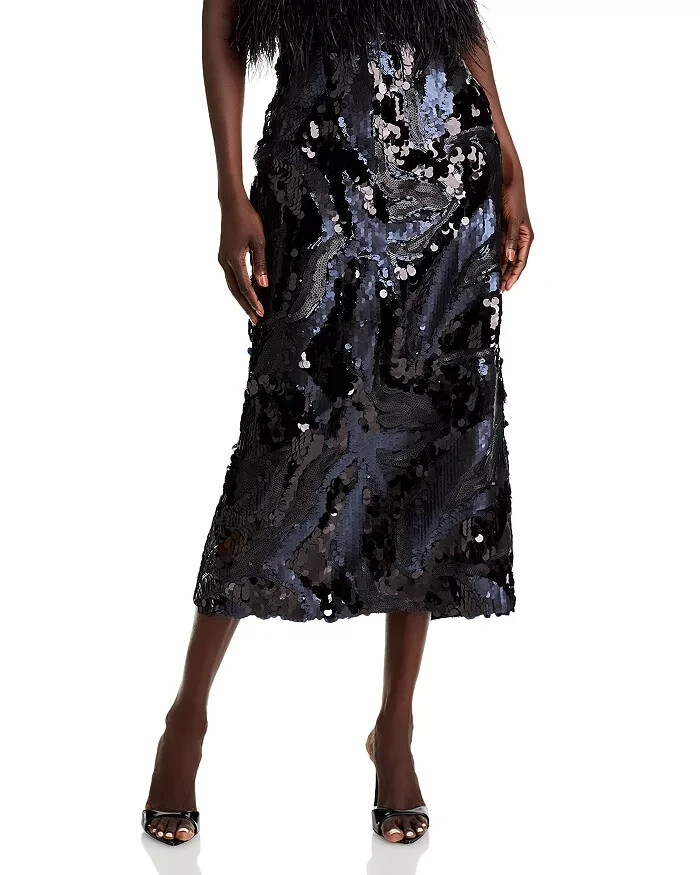 Ramy Brook Stanley Donnelly Sequin Midi Skirt Women's Black Back Zip Closure 2