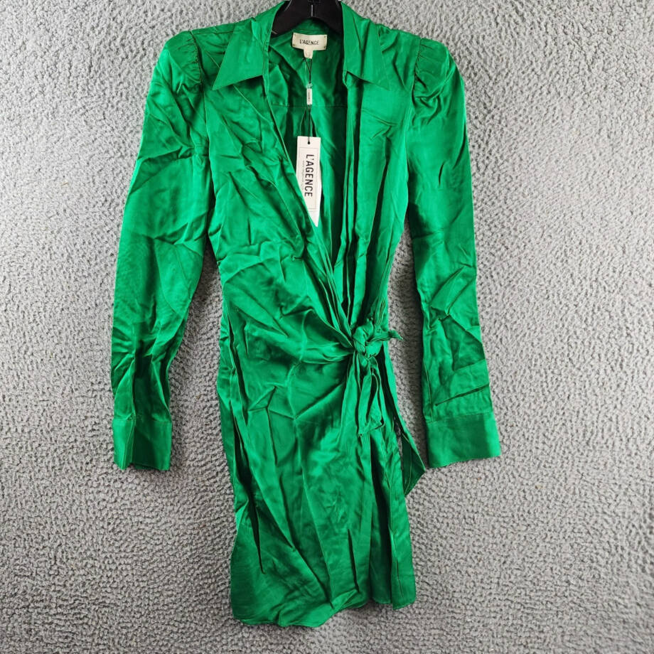 L'Agence Amani Satin Wrap Long-Sleeve Mini Dress Womens 00 Grass Green Tie Waist