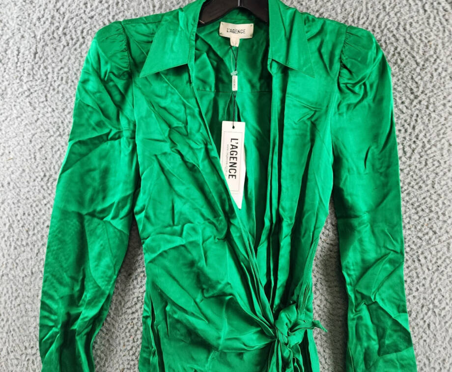 L'Agence Amani Satin Wrap Long-Sleeve Mini Dress Womens 00 Grass Green Tie Waist