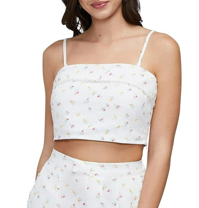 Wildfox Odessa Linne Blend Crop Top Women's M White Multi Pearl Beaded Pullover