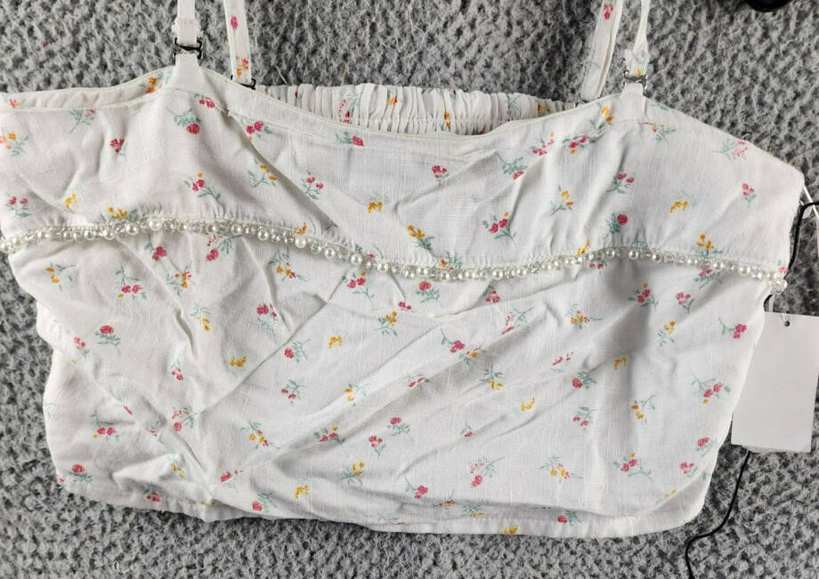 Wildfox Odessa Linne Blend Crop Top Women's M White Multi Pearl Beaded Pullover