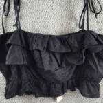 AQUA Tiered Ruffle Crop Top Women's XL Black Linen Blend Sleeveless Tie Straps