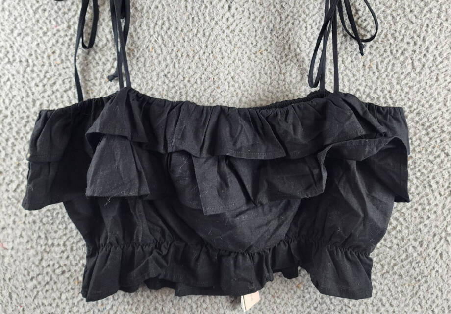 AQUA Tiered Ruffle Crop Top Women's XL Black Linen Blend Sleeveless Tie Straps
