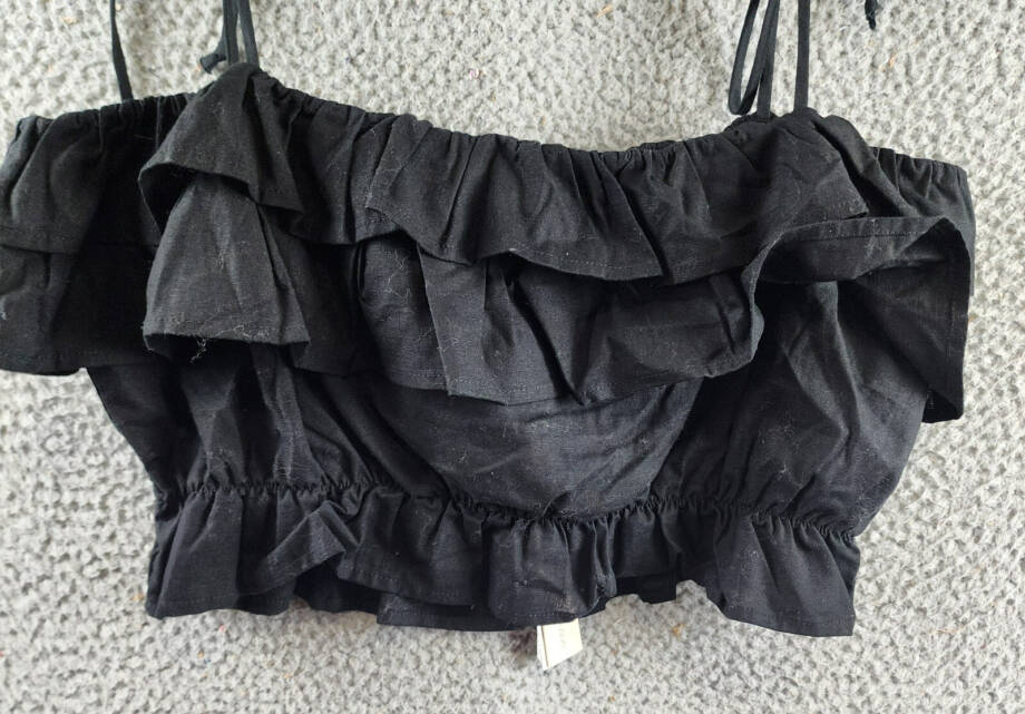 AQUA Tiered Ruffle Crop Top Women's XL Black Linen Blend Sleeveless Tie Straps