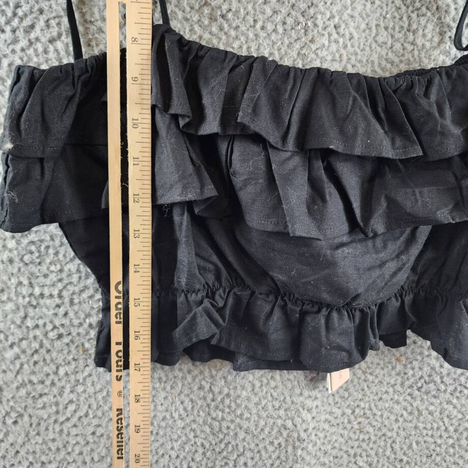 AQUA Tiered Ruffle Crop Top Women's XL Black Linen Blend Sleeveless Tie Straps