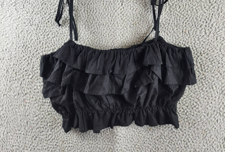 AQUA Tiered Ruffle Crop Top Women's XL Black Linen Blend Sleeveless Tie Straps