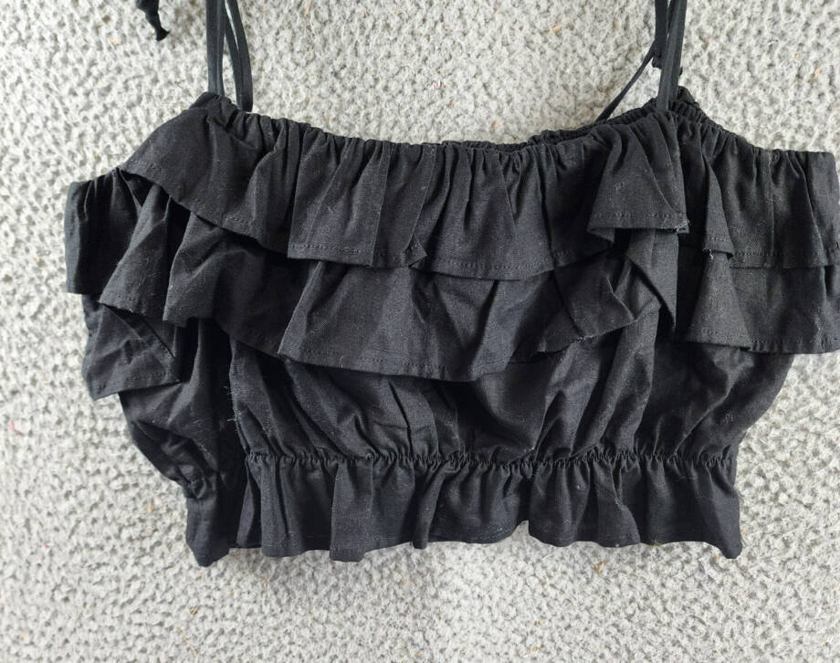 AQUA Tiered Ruffle Crop Top Women's XL Black Linen Blend Sleeveless Tie Straps