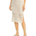 AQUA Pointelle Knit Midi Skirt Women's XS White Side Slit Elastic Waist Pull On