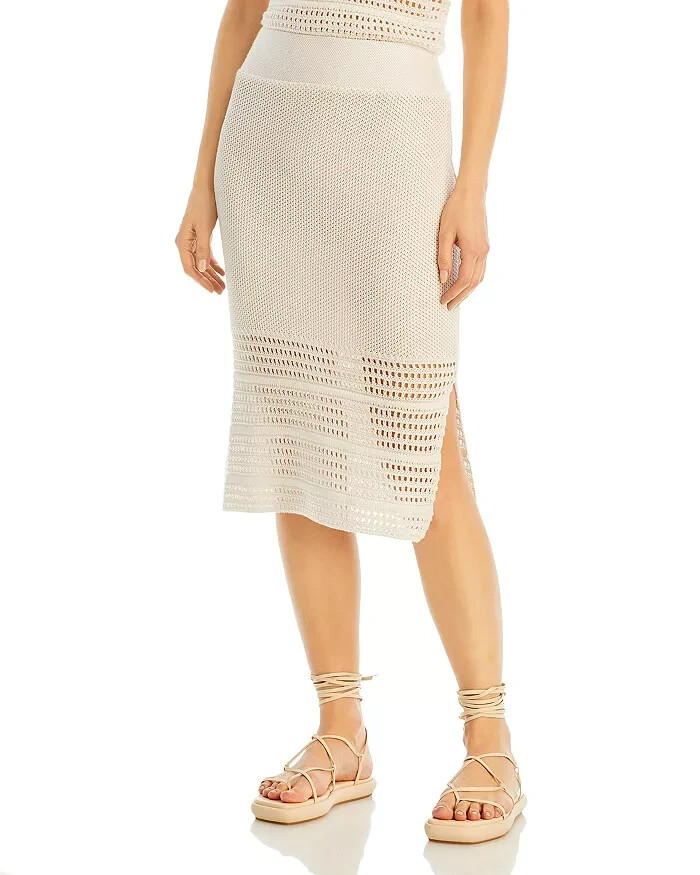 AQUA Pointelle Knit Midi Skirt Women's XS White Side Slit Elastic Waist Pull On