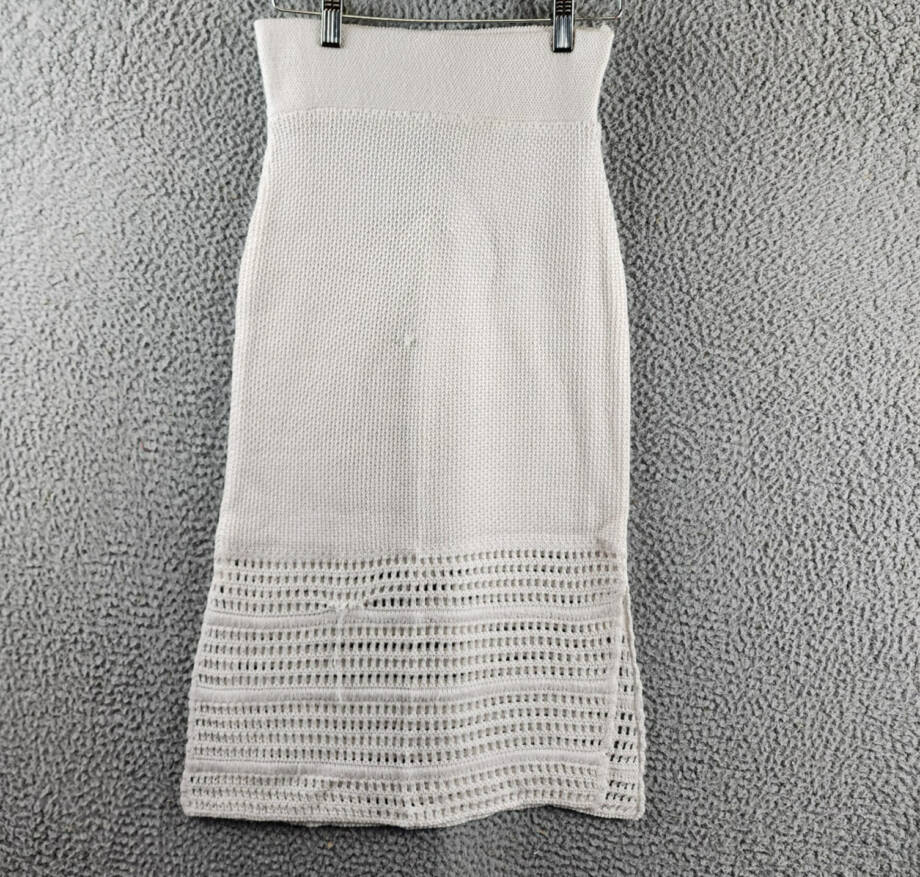 AQUA Pointelle Knit Midi Skirt Women's XS White Side Slit Elastic Waist Pull On