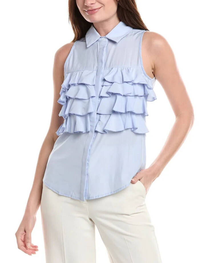 Gracia Ruffle Front Blouse Women's M Light Blue Sleeveless Collared Button Front