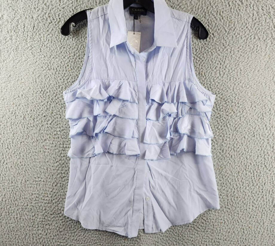 Gracia Ruffle Front Blouse Women's M Light Blue Sleeveless Collared Button Front