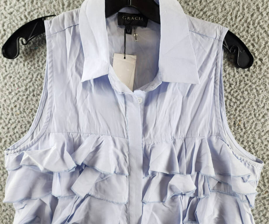 Gracia Ruffle Front Blouse Women's M Light Blue Sleeveless Collared Button Front