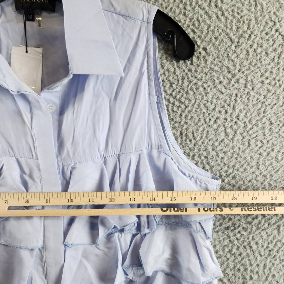 Gracia Ruffle Front Blouse Women's M Light Blue Sleeveless Collared Button Front