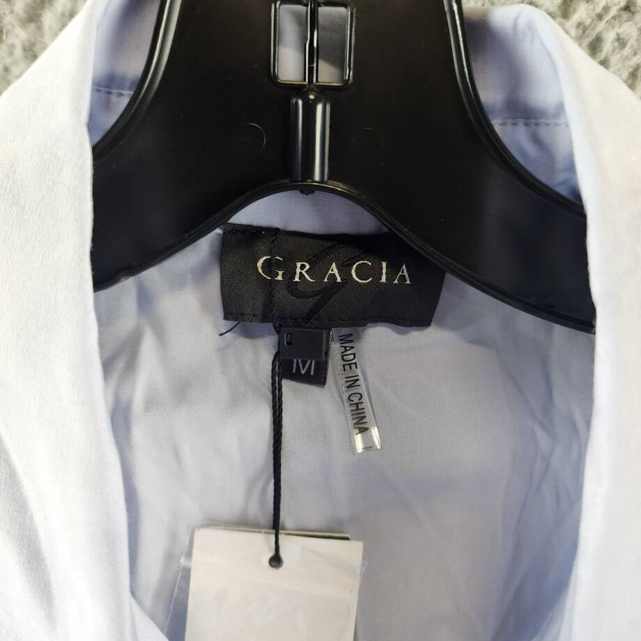 Gracia Ruffle Front Blouse Women's M Light Blue Sleeveless Collared Button Front