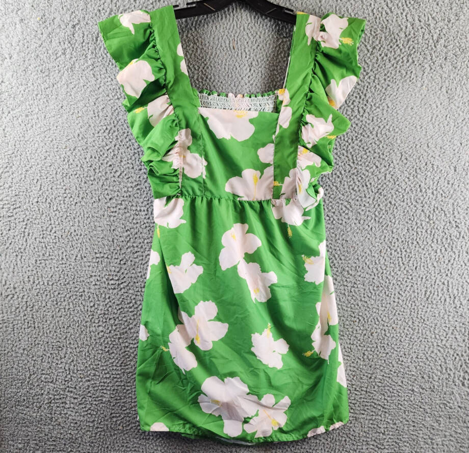The Lulo Project Floral Ruffle Dress Women's L Green Hibiscus Square Neck