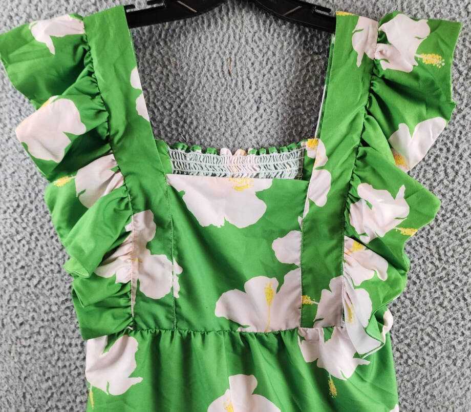 The Lulo Project Floral Ruffle Dress Women's L Green Hibiscus Square Neck