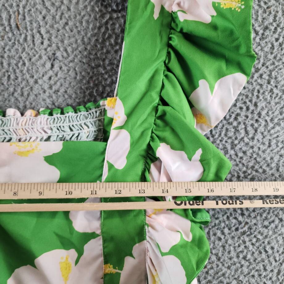 The Lulo Project Floral Ruffle Dress Women's L Green Hibiscus Square Neck