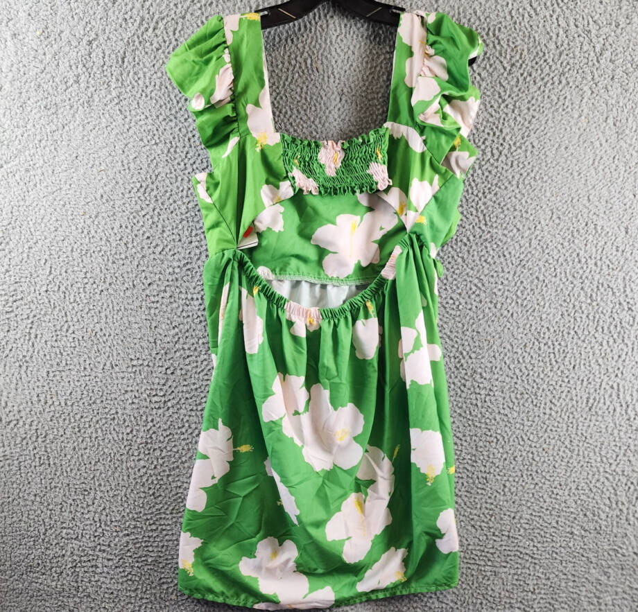 The Lulo Project Floral Ruffle Dress Women's L Green Hibiscus Square Neck