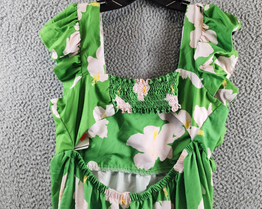 The Lulo Project Floral Ruffle Dress Women's L Green Hibiscus Square Neck