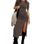 Free People Briella Printed Ruched Midi Dress Women's XS Black Combo Button Back
