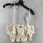 AQUA Knot Shoulder Layered Ruffle Cami Top Women's S Cream Self-Tie Strap