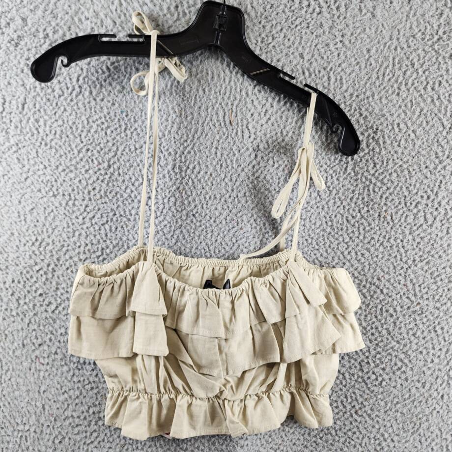 AQUA Knot Shoulder Layered Ruffle Cami Top Women's S Cream Self-Tie Strap