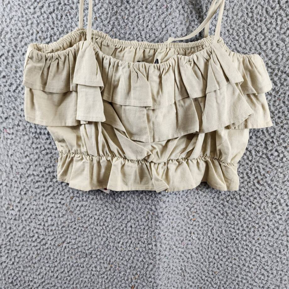 AQUA Knot Shoulder Layered Ruffle Cami Top Women's S Cream Self-Tie Strap