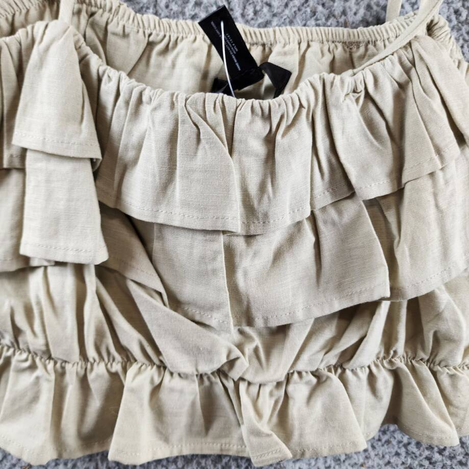 AQUA Knot Shoulder Layered Ruffle Cami Top Women's S Cream Self-Tie Strap