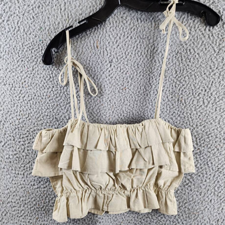 AQUA Knot Shoulder Layered Ruffle Cami Top Women's S Cream Self-Tie Strap
