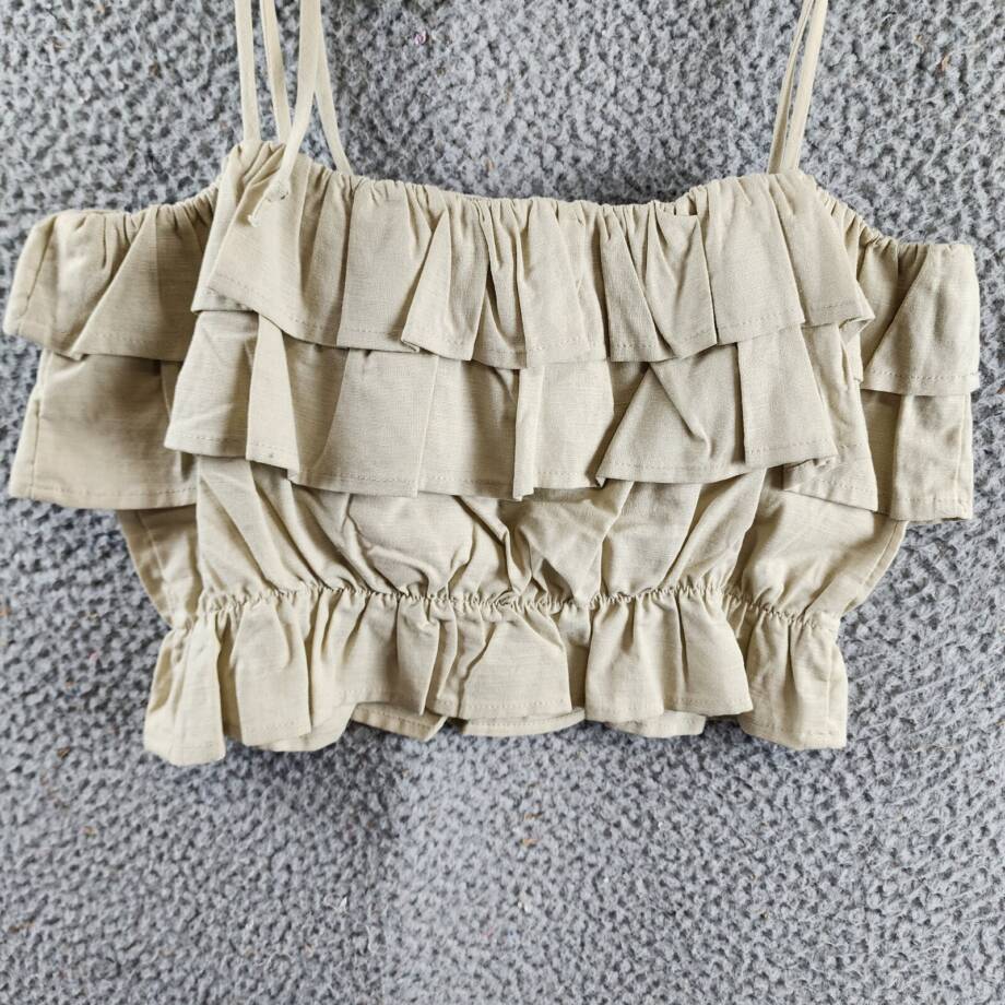 AQUA Knot Shoulder Layered Ruffle Cami Top Women's S Cream Self-Tie Strap