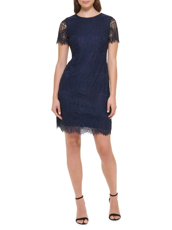 KENSIE Scalloped Short Sleeve Lace Mini Dress 6 Navy Back Zip Closure