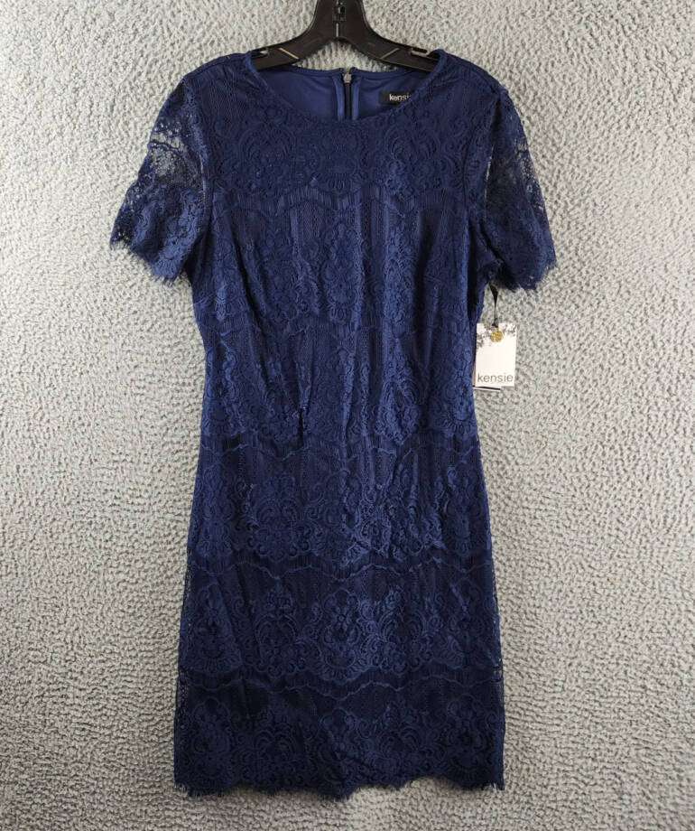 KENSIE Scalloped Short Sleeve Lace Mini Dress 6 Navy Back Zip Closure
