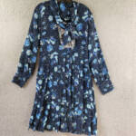 Gracia Belted Mini Dress Women's L Black Multi Floral Scarf Neck Long Sleeve