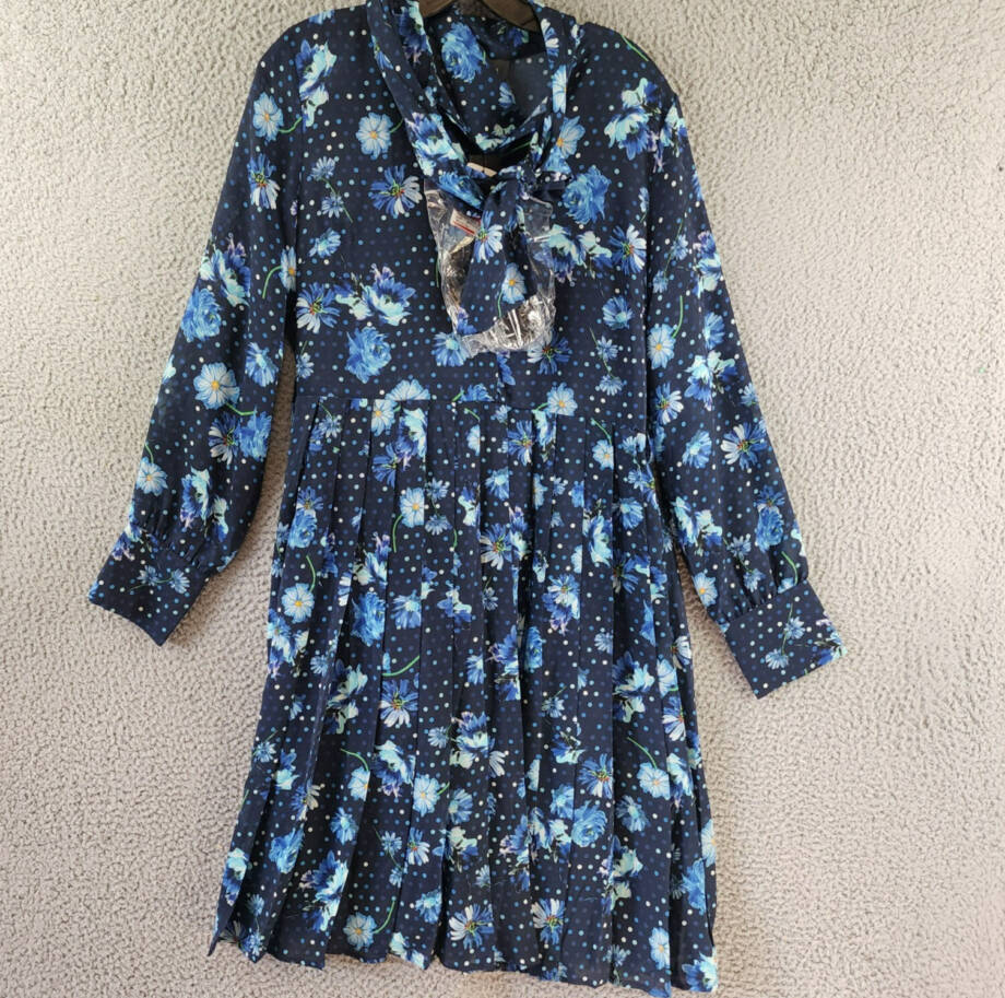 Gracia Belted Mini Dress Women's L Black Multi Floral Scarf Neck Long Sleeve