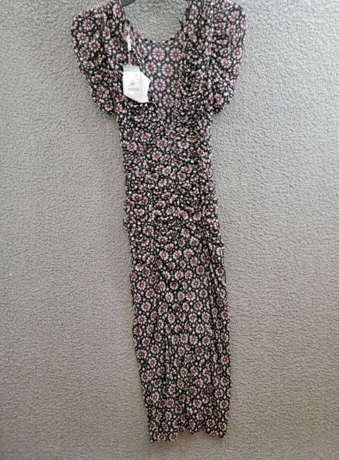 Free People Briella Printed Ruched Midi Dress Women's XS Black Combo Button Back