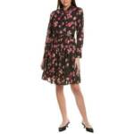 Gracia Belted Mini Dress Women's L Black Multi Pleated Skirt Zip/Button L/S