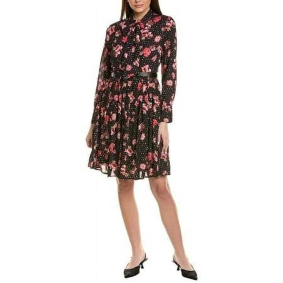 Gracia Belted Mini Dress Women's L Black Multi Pleated Skirt Zip/Button L/S