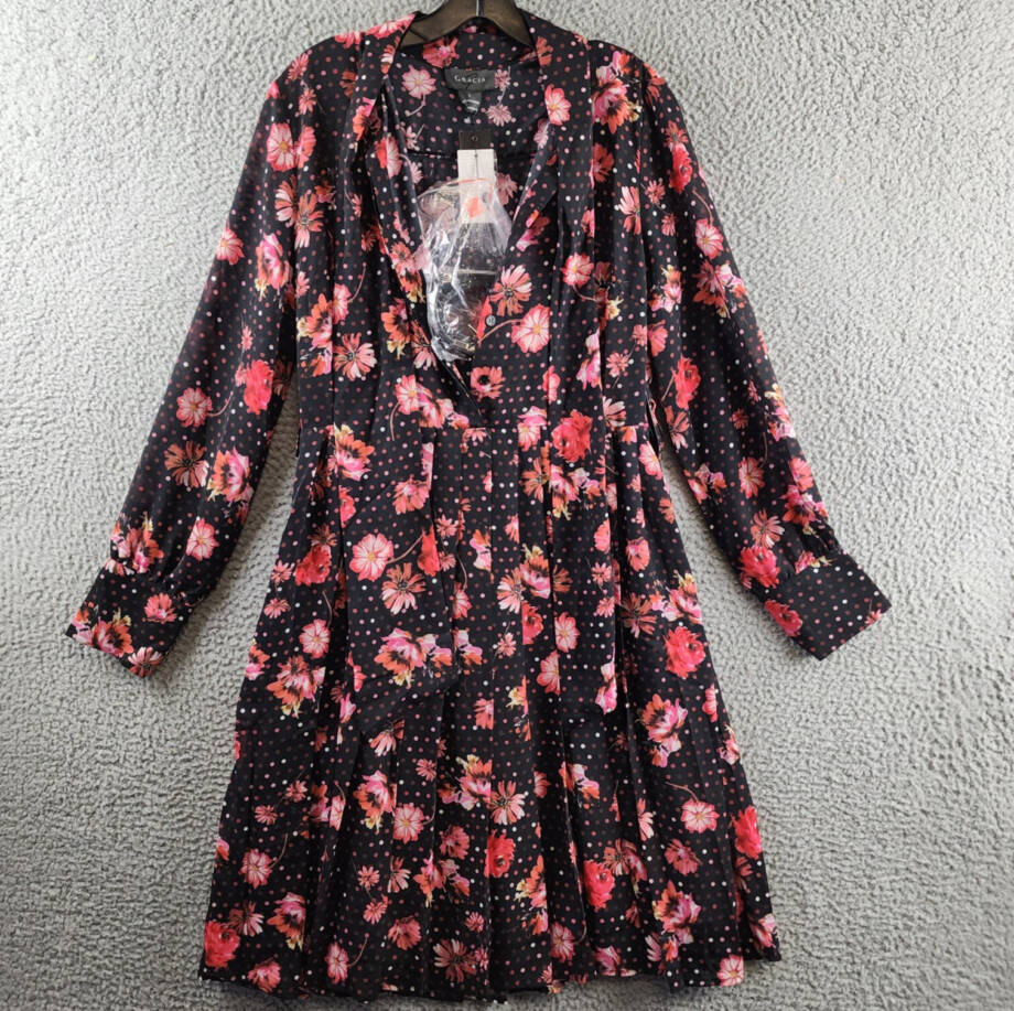 Gracia Belted Mini Dress Women's L Black Multi Pleated Skirt Zip/Button L/S