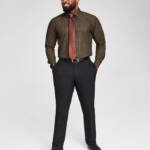 Tayion Collection Slim-Fit Dress Shirt Men's M (15-15.5) 34/35 Black/Gold Plaid