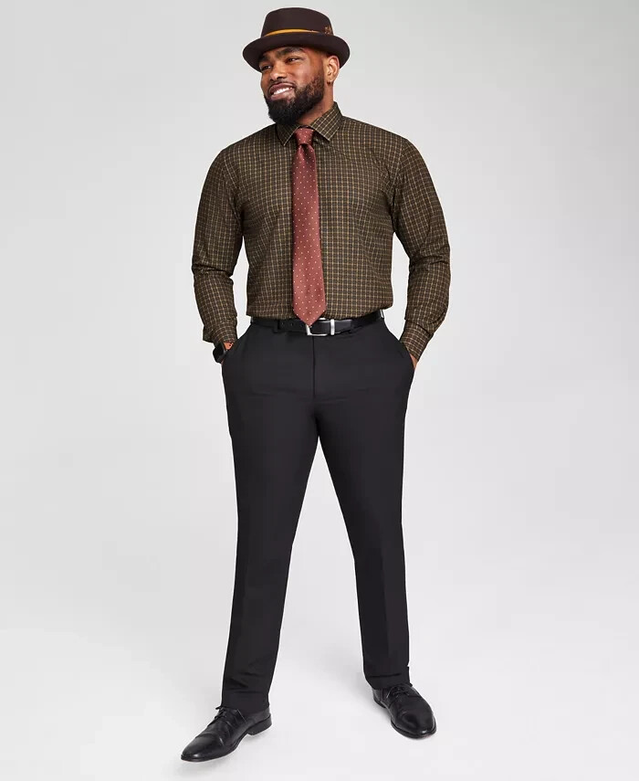 Tayion Collection Slim-Fit Dress Shirt Men's M (15-15.5) 34/35 Black/Gold Plaid