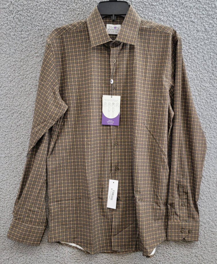 Tayion Collection Slim-Fit Dress Shirt Men's M (15-15.5) 34/35 Black/Gold Plaid