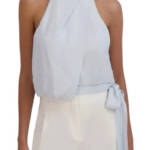 BCBGMAXAZRIA Halter Neck Sleeveless Overdraped Side Tie Top Women's XS Blue